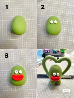 the instructions for making an egg with googly eyes are shown in three different ways