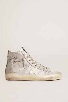 Golden goose francy sneaker w. laminated suede upper and glitter list - silver/white Golden Goose Francy, Designer Shoes Sneakers, Golden Goose Shoes, A Perfect Circle, Golden Goose, Kids Boutique, Silver Shoes, Lemon Quartz, High Top Shoes