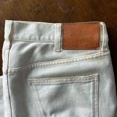 Size 34 Slim. Great Jeans, Excellent Condition, Only Wore Once- Minor Stains As Pictured. Enjoy Classic Gucci Workwear Pants, Classic Gucci Wide Leg Bottoms, Gucci Casual Cotton Jeans, Chic Gucci Straight Leg Pants, Casual Gucci Pants With Pockets, Luxury Gucci Straight Leg Pants, Gucci Straight Leg Bottoms With Five Pockets, Gucci Classic Wide Leg Bottoms, Luxury Straight Leg Gucci Pants