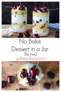 no bake dessert in a jar for two with cherries and whipped cream on top