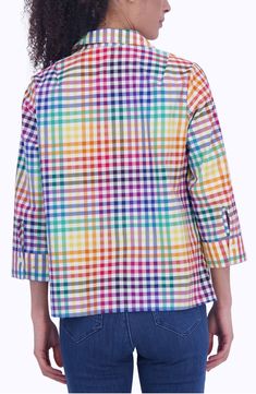 Rainbow gingham checks brighten a wrinkle-resistant cotton poplin shirt framed by a breezy spread collar and three-quarter sleeves. 26" length Slips on over head Spread collar Three-quarter sleeves with button cuffs 100% cotton Machine wash, tumble dry Imported Spring Gingham Shirt With Spread Collar, Spring Plaid Shirt With Placket, Rainbow Gingham, Shirt Stays, Popover Shirt, Back Day, Cotton Poplin Shirt, Gingham Check, Classic Pattern