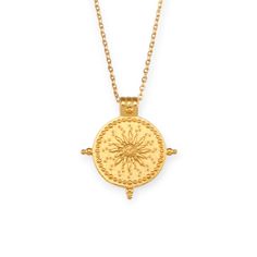 The Vintage Textured Coin Pendant Necklace in 18K Gold features a captivating pendant symbolizing the sun with a textured background, evoking a sense of timeless charm and elegance. Material: Stainless Steel Pendant: Coin-shaped PVD Plating: 5 times 18K Gold Tarnish Resistance: Yes Waterproof: Yes Symbolic Yellow Gold Plated Medallion Necklace, Timeless Etched Round Jewelry, Timeless Etched Jewelry, Timeless Gold Medallion Coin Necklace, Spiritual Yellow Gold Jewelry With Sun Design, Symbolic Yellow Gold Coin Pendant Necklace, Yellow Gold Medallion Necklace With Sun Design, Elegant Sunburst Jewelry With Sun And Moon Design, Elegant Sun And Moon Medallion Jewelry