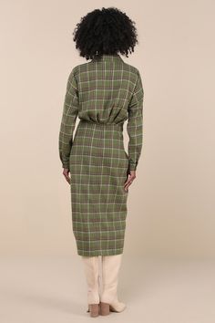 Cooler days always get us searching for the perfect fall looks, like the Lulus Seasonal Spirit Green Plaid Ruched Long Sleeve Midi Dress! Lightweight woven fabric boasts a timeless plaid pattern as it shapes long sleeves (with button cuffs) and a collared neckline. Functional button placket runs the length of the dress, across a fitted waist and a strategically ruched skirt that finishes at a midi hem. Fit: This garment fits true to size. Length: Mid-calf length. Size medium measures 47" from sh Plaid Midi Length Dress For Work, Workwear Midi Length Plaid Dress, Plaid Midi Length Dress For Daywear, Plaid Midi Dress For Daywear, Long Sleeve Plaid Dress For Fall Daywear, Midi-length Plaid Dress For Fall, Plaid Long Sleeve Dress For Daywear, Ruched Skirt, Sleeve Midi Dress