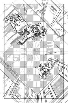 a drawing of two people in the middle of a floor with squares and lines on it