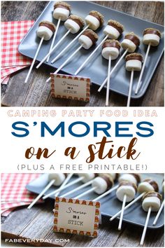 some marshmallows are sitting on a blue plate and there is text reading s'mores on a stick plus free printable