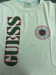 "Vintage 80s Guess New York Surfing Style Spell Out Logo T Shirt / Hip Hop 90s / 90s Streetwear T Shirt Made In Usa Size M Condition : Good Used Size on tag : M Colour : Greenish Brand : guess Measurement : Armpit to armpit -21\" Length - 24\" Material : Old Cotton Made In: USA THE SHIPPING (Your Choice Please read) 1. The shipping cost is USD 20 via Malaysian Registered Postage With Tracking Number. It will take 2-4 weeks or more for delivery, depends on your custom checking. 2. Add USD 10 for Vintage Logo Print Summer Tops, Vintage Summer Tops With Logo Print, Vintage Logo Print Tops For Spring, 90s Green Letter Print Tops, 90s Green Tops With Letter Print, 90s Style Green T-shirt For Spring, Vintage Crew Neck Top With Logo Print, 90s Green T-shirt With Logo Print, Retro Green Top With Screen Print