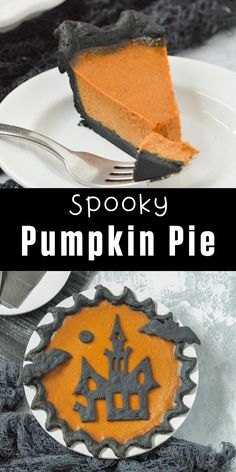 spooky pumpkin pie on a plate with a fork