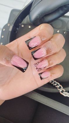 fall nails! Black And Cheetah Print Nails, Cheetah And Black Nails, French Tip With Line Under, Cheetah French Tip Nails, Cheetah Print French Tip Nails, Cheata Print Nails French Tip, Pink Cheetah Print Nails French Tip, Hot Pink And Black Nails, Lepord Print Nail French Tip