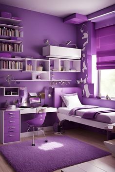 a bedroom with purple walls, white furniture and bookshelves on the shelf above the bed