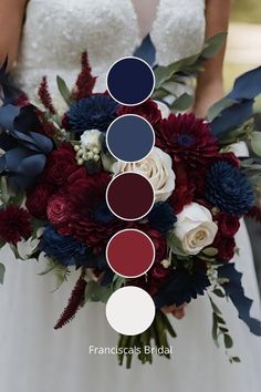 a bride holding a bouquet with red, white and blue flowers in the bottom row