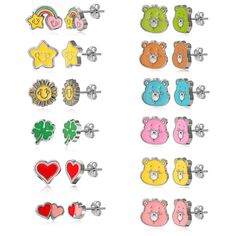 Add a touch of whimsy to your jewelry collection with the Care Bears Fashion 12 Pairs Stud Earring Set. Featuring 12 unique designs inspired by your favorite Care Bears characters, these colorful studs are perfect for mixing and matching to suit any mood or outfit. Care Bears Earrings, Care Bear Accessories, Multicolor Themed Personalized Jewelry, Novelty Multicolor Jewelry For Birthday, Nickel-free Multicolor Novelty Jewelry, Whimsical Jewelry With Cute Design For Gifts, Trendy Nickel-free Earrings For Mother's Day, Cute Nickel-free Earrings For Mother's Day, Playful Multicolor Nickel-free Earrings