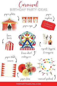 A collage of carnival party supplies, including carnival tent plates, circus paper cups, admit one napkin, a Ferris wheel centerpiece, paper fans, garlands, and table runners for party ideas for a carnival birthday party. 3rd Birthday Circus Theme, Carnival Birthday Party Foods, Carnival Birthday Party Activities, Carnival Birthday Decorations, 3 Ring Circus Birthday Party Invitation, Circus Party Table Decor, Circus Third Birthday Party, 5 Ring Circus Birthday, Two Year Old Circus Birthday