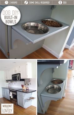 the dog bowl is built into the wall in this kitchen