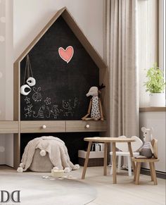 a child's room with a chalkboard wall and wooden furniture