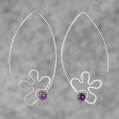 Sterling silver  flower amethyst hoop earrings handmade anni designs, $29.00 Unique Sterling Silver Hoop Earrings Gift, Elegant Silver Hoop Earrings For Mother's Day, Modern Purple Jewelry For Gifts, Modern Purple Jewelry As A Gift, Delicate Silver Hoop Earrings For Gift, Modern Gemstone Hoop Earrings As Gift, Modern Gemstone Hoop Earrings For Gift, Silver Round Hoop Earrings For Mother's Day, Handmade Silver Hoop Earrings As Gift