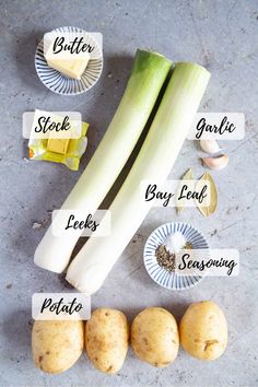 potatoes, celery, garlic and butter on a table with labels describing the ingredients