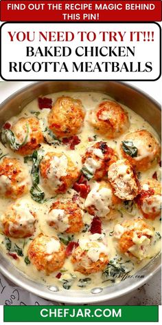 Baked Chicken Ricotta Meatballs in Spinach Alfredo Sauce are tender meatballs, creamy sauce, and a hint of spinach. A comforting and savory meal you'll love! Chicken Ricotta Meatballs, Spinach Alfredo Sauce, Meatballs With Spinach, Chicken Parmesan Meatloaf, Chicken Ricotta, Ricotta Meatballs, Keto Quiche, Spinach Alfredo, Ground Chicken Recipes