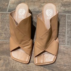 Vince Camuto Tan Cross Cross Sandals. Women’s Size 39/8.5. New Without Tags. Summer Leather Block Heel Sandals, Leather Block Heel Summer Sandals, Brown Slip-on Mules For Summer, Leather Block Heel Sandals For Summer, Open Toe Beach Mules With Heel Loop, Summer Beach Mules With Heel Loop, Open Toe Mules With Heel Loop For Beach, Summer Open Toe Mules Medium Width, Summer Open Toe Medium Width Mules