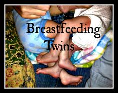 two young children sitting next to each other with the words breastfeeding twins in front of them