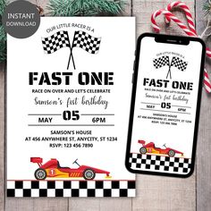 a race car birthday party invitation with an iphone and candy canes on the table