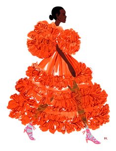 a drawing of a woman in an orange dress with ruffles on the skirt