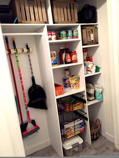 the pantry is organized and ready to be used as a storage area for various items