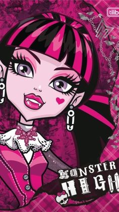 a cartoon character with pink hair and big eyes, wearing a purple outfit that says monster high