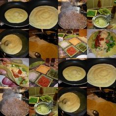 several different pictures of food being cooked in pans on the stove top, including tortillas and quesadillas