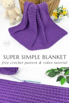 a crocheted blanket with the text, super simple blanket free crochet pattern and video tutor