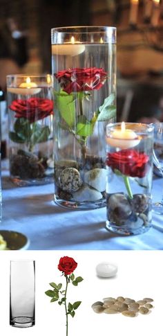 there are several different vases with flowers in them and rocks on the table next to each other