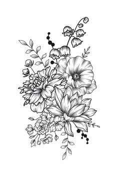 a black and white drawing of flowers