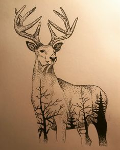 a drawing of a deer with antlers on it's head and trees in the background