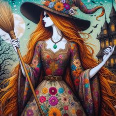 a painting of a woman in a witch costume holding a broom