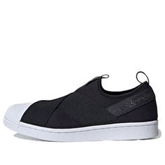 The adidas Superstar Slip On 'Black' is a classic silhouette with a modern twist. The iconic rubber shell toe design has been reimagined with a cross-strap for a unique look. First released in the 1970s, the low-top leather basketball shoe quickly gained popularity and has since become a staple in streetwear. Perfect for everyday wear, the slip-on design is comfortable and stylish, making it a must-have for any sneakerhead. The timeless design is inspired by the original Superstar and is sure to Adidas Superstar Slip On, The 1970s, Classic Silhouette, Toe Designs, Cross Straps, Sneaker Head, Basketball Shoes, Low Top, Timeless Design