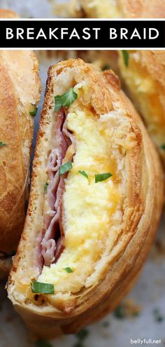 a close up of some bread with meat and cheese on it that is cut in half