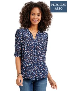 Navy Blue Butterfly Print Three Quarter Sleeve Button Down Plus Size Woven Womens Fashion Top Butterfly Print, Everyday Look