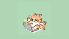 an orange and white cat sitting on top of a laptop computer with its paws out