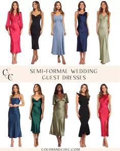 six different types of formal wedding guest dresses for the bride and groom to wear in their own colors