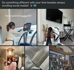 a collage of photos with women doing different things in the same room, including books and magazines