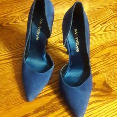 Blue Suede, Never Worn Chic Blue Court Shoes With Round Toe, Blue High Heel Court Shoes With Padded Heel, Blue Closed Toe Office Heels, Blue Closed Toe Heels For Office, Blue Suede Heels With 4-inch Heel, Blue High Heel Court Shoes For Office, Chic Blue Pointed Toe Heels, Blue Pointed Toe Court Shoes With 4-inch Heel, Blue Padded Heel Office Heels