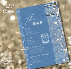 a blue menu with silver glitters on it