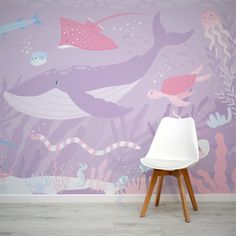 Pink Submerged Fantasia Wallpaper with white chair in front of the wallpaper Under Sea Mural, Underwater Mural Painting, Under The Sea Kids Room, Ocean Mural Painting, Ocean Mural Bedroom, Under The Sea Mural, Pink Underwater, Sea Murals, Childrens Wall Murals