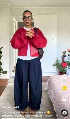 Denmark Aesthetic Outfit, How To Style Navy Blue Pants, Autumn Date Outfit, Red And Blue Outfit, Layer Fits, Workwear Outfits, Simple Ootd, Knit Sweater Outfit, Autumn Fits