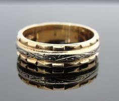 Carved and Engraved in 14k Yellow and White Gold . Collectible Engraved Yellow Gold Ring With Hallmarks, Antique Yellow Gold Engraved Hallmarked Ring, Antique Yellow Gold Engraved Ring Collectible, Antique Carved Yellow Gold Engraved Ring, Vintage Engraved Yellow Gold Ring With Hallmarks, Vintage Wedding Band, Mixed Metals, Wedding Bands, Gold Rings