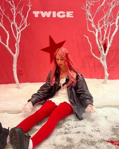 This pop up was too cute!❤️🥀🤍 . . . . #kpop #once #twice #winteroutfit red tights outfit. Red leggings outfit. Fall outfit inspo. Winter outfit inspo. Christmas outfit inspo. Red outfit. Red hair ribbon #feelingfestive24 holiday outfit. Leather jacket outfit. Kpop outfit inspo.