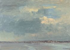 an oil painting of the ocean with clouds in the sky and houses on the shore