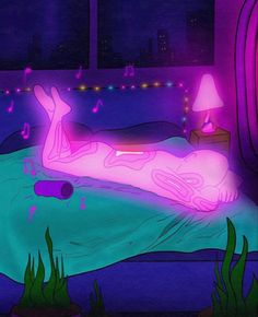 a woman laying on top of a bed under a purple light