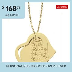 This family name pendant makes a perfect gift. The first heart reads "mom"while the second heart can be engraved with family names.Closure: Spring-ringPersonalize: Up to 5 names, 7 characters each name in script fontFeatures: Family Jewelry, PersonalizedShape: HeartMetal Color: YellowChain Length: 18 InchChain Width: 1.25 MillimetersChain Construction: RopeCare: Wipe CleanMetal: 14k Gold Over SilverNecklace Type: Pendant NecklacesAssembled in the US from Imported Materials Family Jewelry, Name Pendant, Family Names, Family Jewellery, Two Hearts, Family Name, Pendant Necklaces, Two By Two, Necklaces