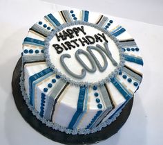 a white and blue birthday cake with the words happy 60th on it's frosting