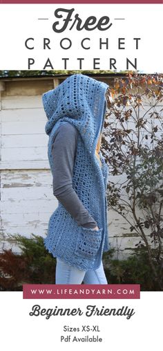 a woman wearing a hooded sweater with the text, free crochet pattern beginner friendly